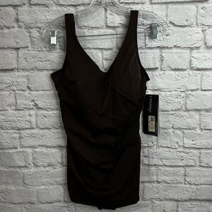 Roxanne Pleated Sheath One Piece Swimsuit 16 40DD brown bra sized bathing suit